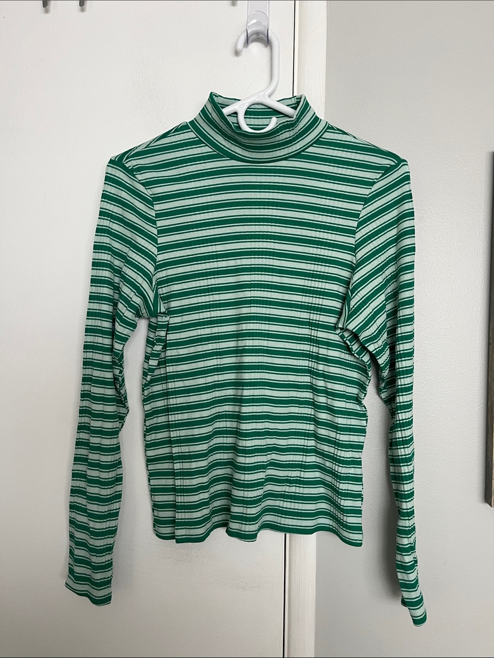 PINK Green & White Striped Mock Neck Long Sleeve Top